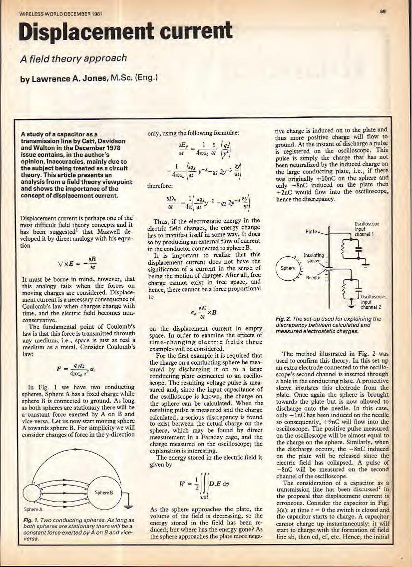 WRELESS WORLD DECEMBER 98' Displacement current A field theory approach by Lawrence A Jones, MSc (Eng) A study of a capacitor as a transmission line by Catt, Davidson and Walton in the December 978