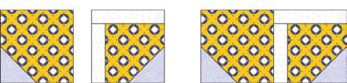 With right sides together, align the 2½" square with lower right corner of one 3¾" Fabric D (gold circle print) square. Stitch on the drawn line.