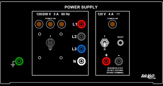 Power Supply (Model 8823) The Power Supply consists of a fixed-voltage three-phase ac power source and a fixed-voltage dc power source. It can be used to power most of the EMS modules.