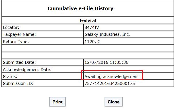 RETURN INFORMATION E-FILE TAB RETURN INFORMATION E-FILE TAB The following shows the Batch Status Report and Cumulative History for the recently submitted return: FIGURE 3:5 After the state