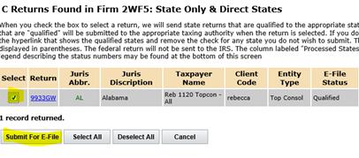 On the next page, the Alabama return will be shown along with the Select check mark or hyperlink option. 5.