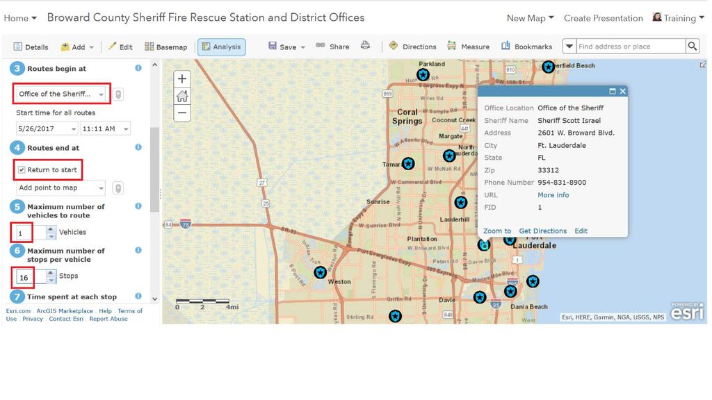 For step 4, check the Return to Start option. You ll notice that ArcGIS will then create a new point for the arrival location (Sheriff Scott s office).