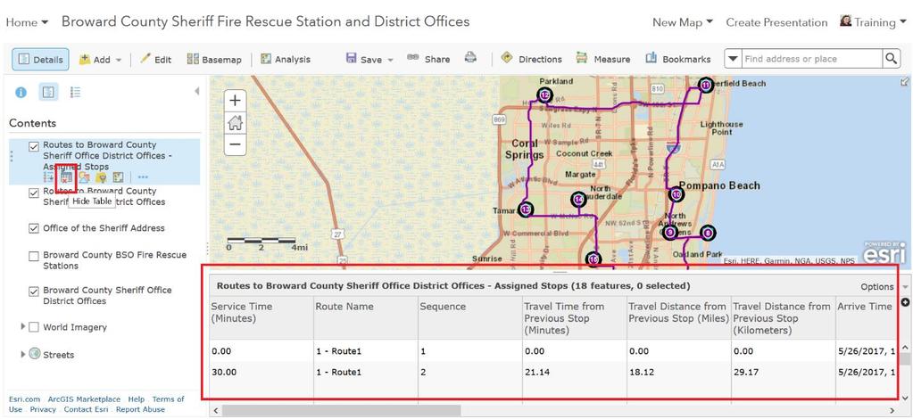 ArcGIS Online has taken all the input and optimized a route for Sheriff Scott Israel. The output is two new layers: 1.