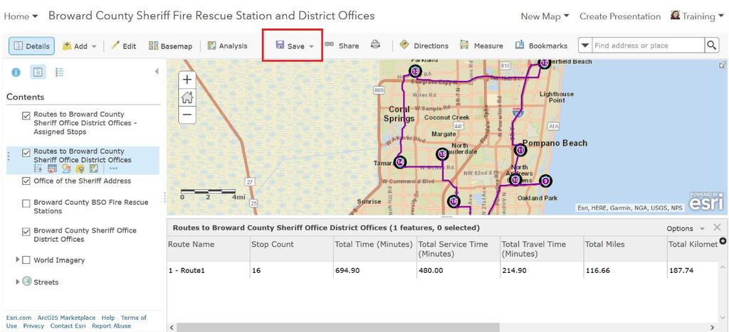The summary table tells us the Sheriff had 16 stops, at which he spent a total of 480 minutes (8 hours!) visiting with personnel. It also tells us that, in total, he traveled 116.