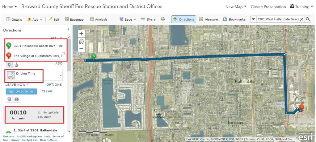 A couple of things happen very fast: ArcGIS Online finds 3201 West Hallandale Beach Blvd, Pembroke Park, FL 33023 and places this location in the A ( origin or from ) box In the