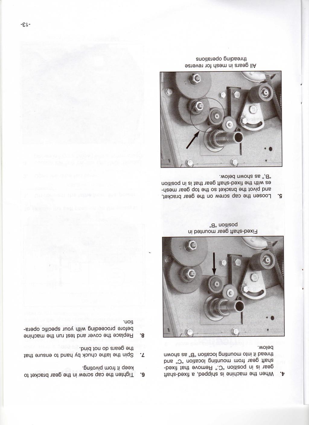 4. When the machne s shpped, a fxed-shaft gear s n poston "C." Remove that fxedshaft gear from mountng locaton "C" and thread t nto mountng locaton "B" as shown below. 6.