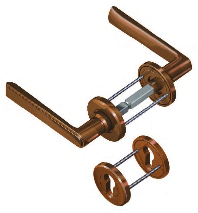 Door Furniture Part No. F25 Lever/lever furniture un-sprung lever handles on roses complete with split spindle and fixing screws. 1 pair euro profile pierced escutcheons complete with fixing screws.