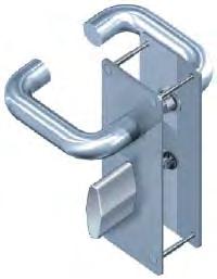 Door Furniture Part No. F04WC Lever/lever latch furniture un-sprung on thumb turn and release backplate with solid spindle and security back to back Torx head fixing screws.
