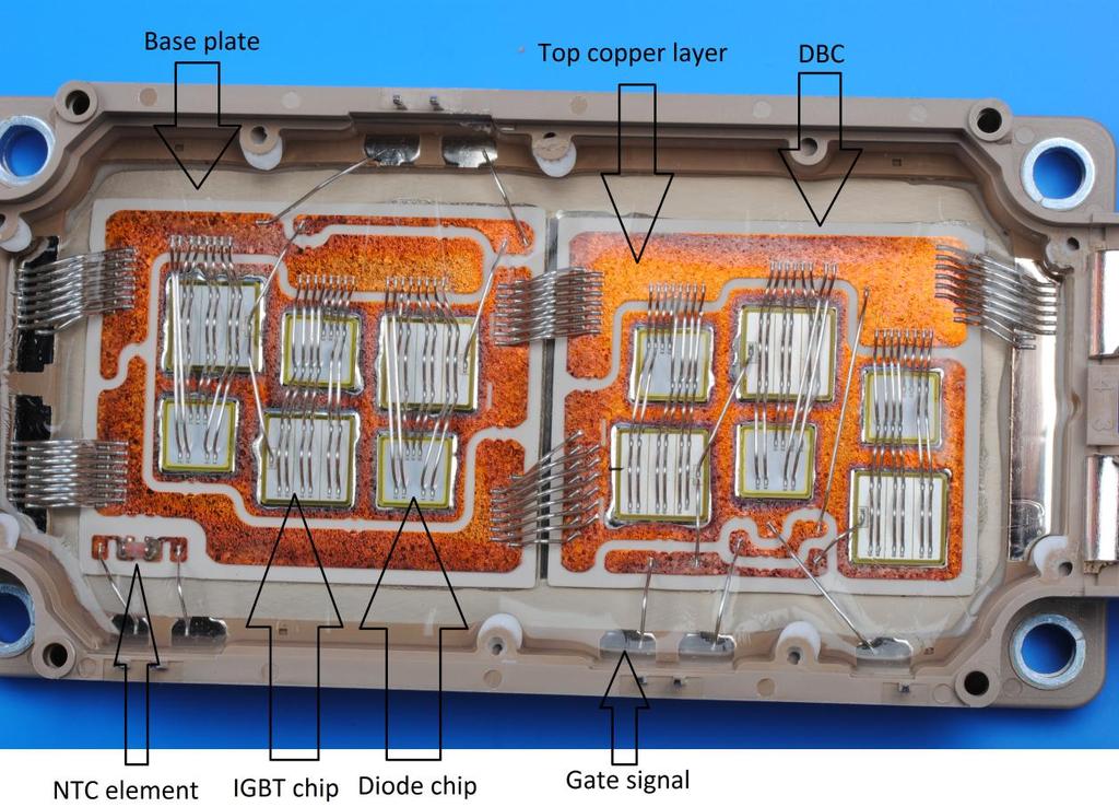 Figure 4: A PE module with three chips for each diode and IGBT. For some PE modules the chip is not soldered on the DBC but sintered.