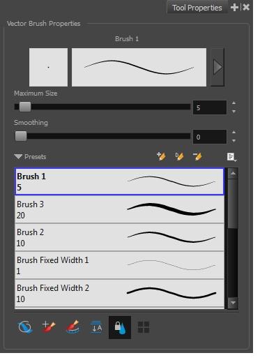 Harmony 14 Paint - Reference Guide Brush Tool Properties (Vector) When you're drawing on a vector layer and select the Brush tool, its properties and options appear in the Tool Properties view.