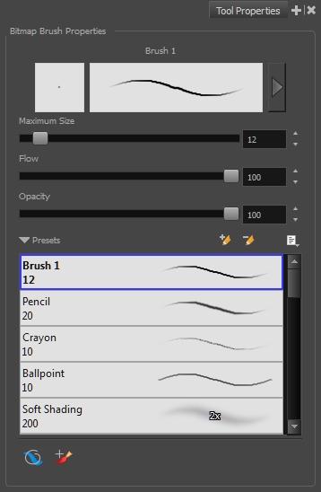 Harmony 14 Paint - Reference Guide Brush Tool Properties (Bitmap) When you're drawing on a bitmap layer and select the Brush tool, its properties and options appear in the Tool Properties view.