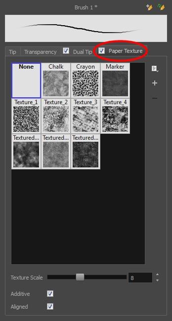 Chapter 3: Tools Properties Brush Tool Properties (Bitmap) Tool Name Texture Scale Additive Description Increase or decreases the size of the paper texture.