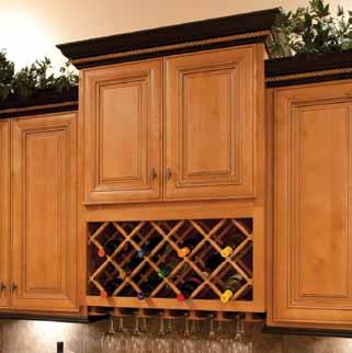 Picture to the left A bridge cabinet has been used above a lattice wine rack with a stem glass holder attached.