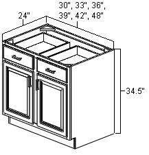 Bases Double Door / Double Drawer Base Cabinets B30 B33 B36 B39 B42 B48 1/2 depth adjustable shelf.