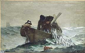 Slide #17 Here is another sea scene. What is Homer trying to say with this work? The life of a fisherman is not easy as these men are shown struggling to bring in their net full of herring.