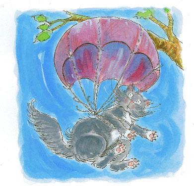 10 Then Fluffy fell off the tree. As she fell, the parachute filled with air. Finally, she landed softly on the ground.