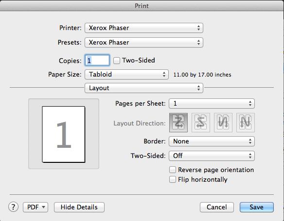 The correct size for this printer is US Letter (8.5 x 11) or Tabloid (11 x 17) in (figure K - L). Selecting any other paper size will cause an error when it is sent to the printer.