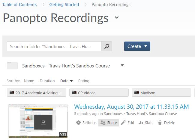 STEP 15> Go back to uiulearn and to the Panopto Recordings link that you created earlier. You will see the video appear on this page.
