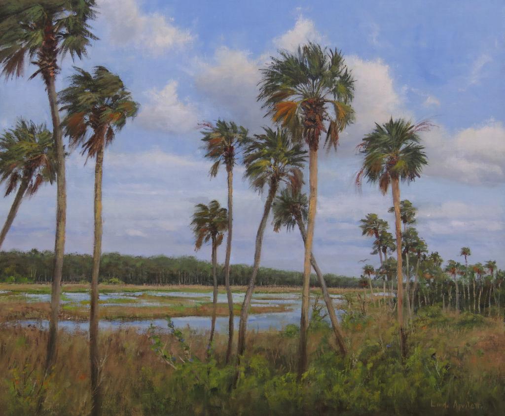 LINDA APRILETTI Diagonals and Palm Trees Her place in North Carolina features rolling mountains, and her home outside of Miami is marked by palms disrupting a horizontal scene, but Linda Apriletti s