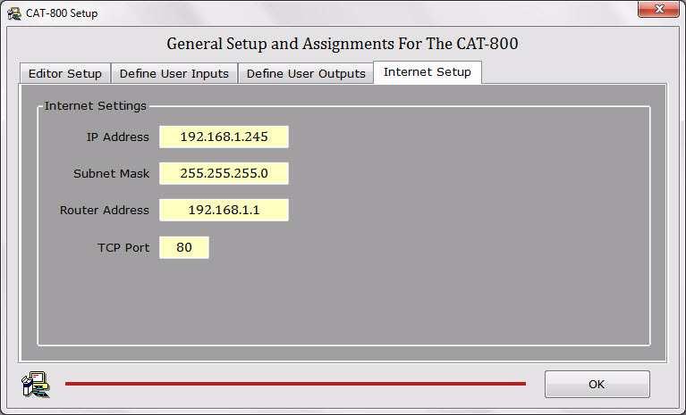 Chapter 7 Internet Setup If you plan to connect the CAT-800 to your router it will not be necessary to make any changes to its IP or GATEWAY addresses.