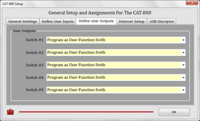 CAT-800 Define User Outputs Click on the Define User Outputs tab. You will see a window similar to the one below. The CAT-800 has five user defined output switches.