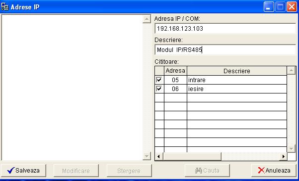 Descriere adăugare adrese IP şi COM-uri: 1. Paşi pentru adăugarea unei adrese IP 1.1 Clic Adaugare în fereastra Adrese IP apare fereastra de mai jos 1.