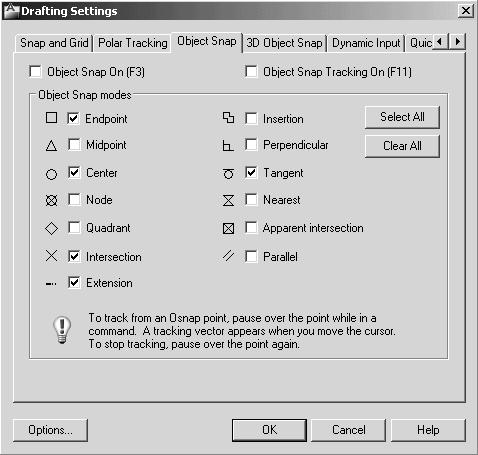 Orthographic Views and Multiview Constructions 4-25 2. In the Drafting Settings dialog box select the Object Snap tab.