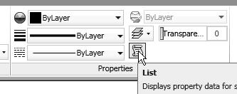 In the Properties toolbar, click on the List icon to activate the command. Note the information regarding the selected object is displayed in the AutoCAD Text Window as shown.