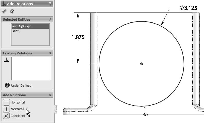 and draw and dimension a circle approximately as shown next. To dimension the circle, select either the center of the circle or its perimeter and the top edge of the housing. 30.