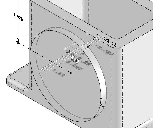 To make the extrusion, switch to an isometric view, select the circle of the previous sketch (Notice that we are now editing the part, not the sketch), and dragging the handle over the ruler s marks