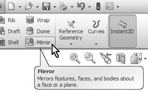 Switch to an Isometric view to help us visualize the Mirror s preview and make sure we are getting what we want. 33. - Select the Mirror command from the Features toolbar. 34.