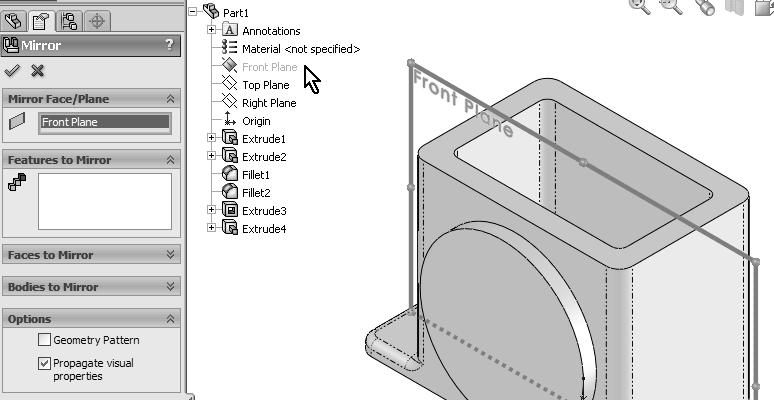 35. - After selecting the Front Plane from the fly-out Feature Manager, SolidWorks automatically activates the Features to Mirror selection box (now