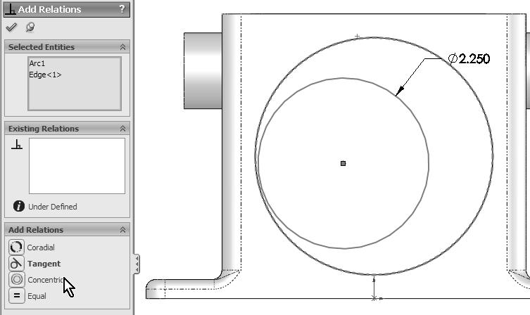 Draw a circle using the Circle tool and dimension it 2.250 Diameter.