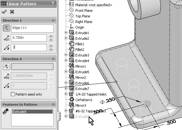 63. - Now click in the Features to Pattern selection box to activate it and select the previous cut operation