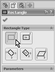 Select the Rectangle tool from the Sketch toolbar or from the Right Mouse Button menu and make sure we have the Corner Rectangle selected in the Rectangle s Property Manager shown at left.