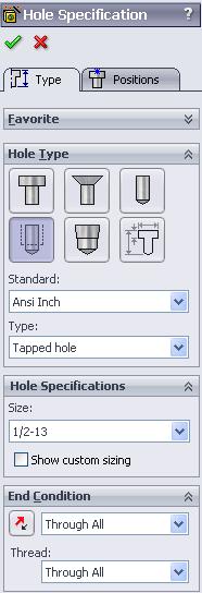 Beginner Part 4: Hole Wizard On Hole Type, select Tap, Standard to Ansi Inch, Type to Tapped hole, Size to 1/2-13, End Condition to Through All. 13.