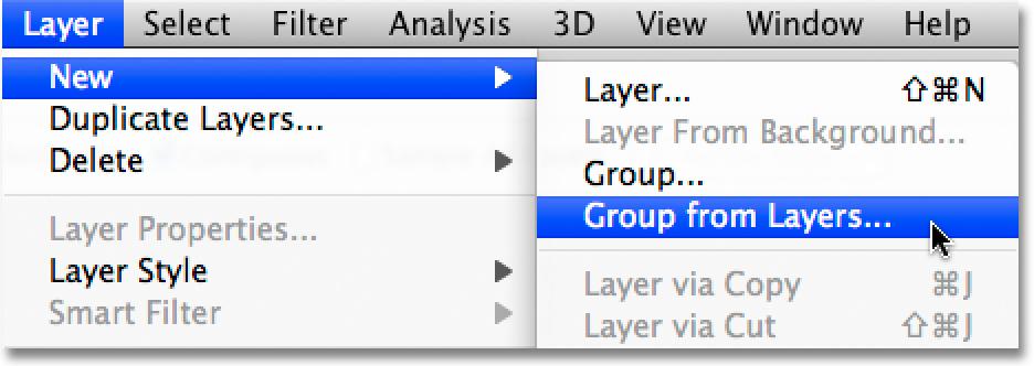 With both layers selected, go up to the Layer menu at the top of the screen, choose New, and then choose Group from Layers: Go to Layer >