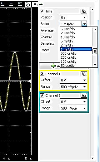 Analog Discovery: Wave Generator and Export Oscilloscope Data STEP 5: View waves W1 and W2 in the Oscilloscope Select 50 mv/div for the Range for both Ch1 and Ch2 Count the number of cycles visible