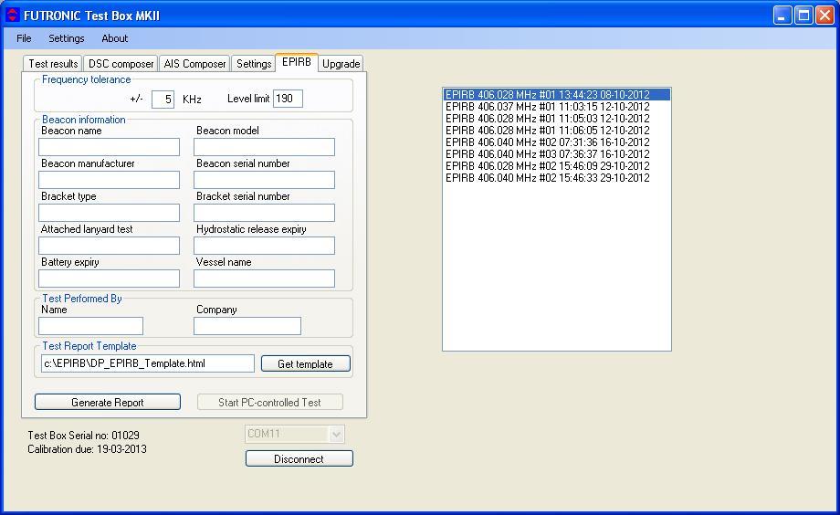 EPIRB Test Report Generator The EPIRB tab offers two options: 1. Generation of complete EPIRB test reports out of test results from the test box, 2.