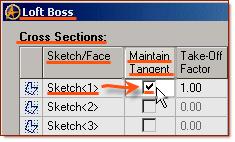 So - we will now edit the Tangent and Take-Off factors in the loft boss selection popup.