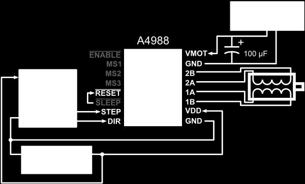 POLOLU A4988 STEPPER MOTOR DRIVER CARRIER USER S GUIDE USING THE DRIVER Minimal wiring diagram for connecting a microcontroller to an A4988 stepper motor driver carrier (full-step mode).