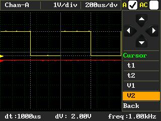 3.2. Cursor Function The Cursor menu is used to make measurements on the observed signal. There are four cursors, two for time measurement (t1 and t2) and two for voltage measurement (V1 and V2).