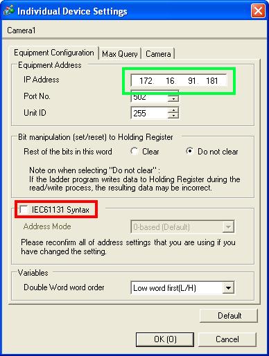 5.) Enter the IP Address of the Banner Camera (highlighted in GREEN in the following image) on the Equipment Configuration Tab. In most cases, leave all other settings at the default.