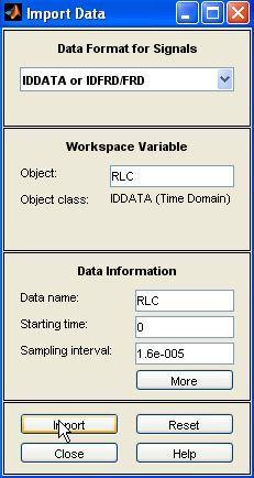 Furtherore, inside coand line on Matlab's workspace the coand for data entering needs to be typed in, as follows: RLC = iddata(izlaz,ulaz,0.