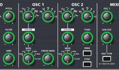 Adjusts the pitch modulation amount for VCO-1. Specifies the octave.