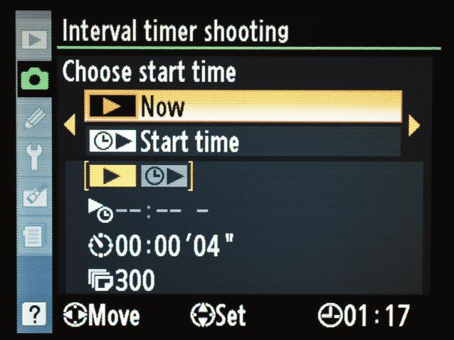 Now press the Menu button and navigate to the Shooting menu and select Interval timer shooting and press OK (A). 4.
