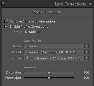 Lens Correction Panel Lens correction corrects for distortions and vignetting in the lens. Remove Chromatic Aberration Enable Profile Correction ON - Always Check this box.