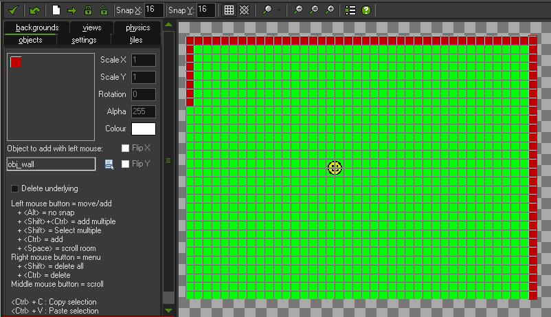 23. Next, click the List Icon again and select the obj_wall. Click into each square around the perimeter of the room to add the wall. Left mouse adds (or moves) the object.