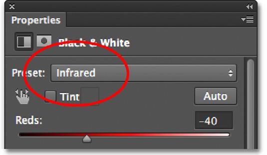 Near the top of the panel is the Preset option which is initially set to Default.