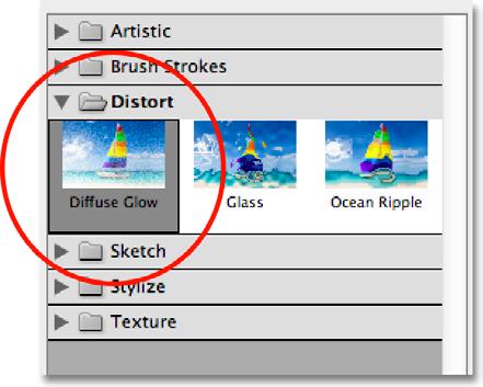 can only be accessed through the Filter Gallery. Go up to the Filter menu in the Menu Bar along the top of the screen and choose Filter Gallery: Go to Filter > Filter Gallery.